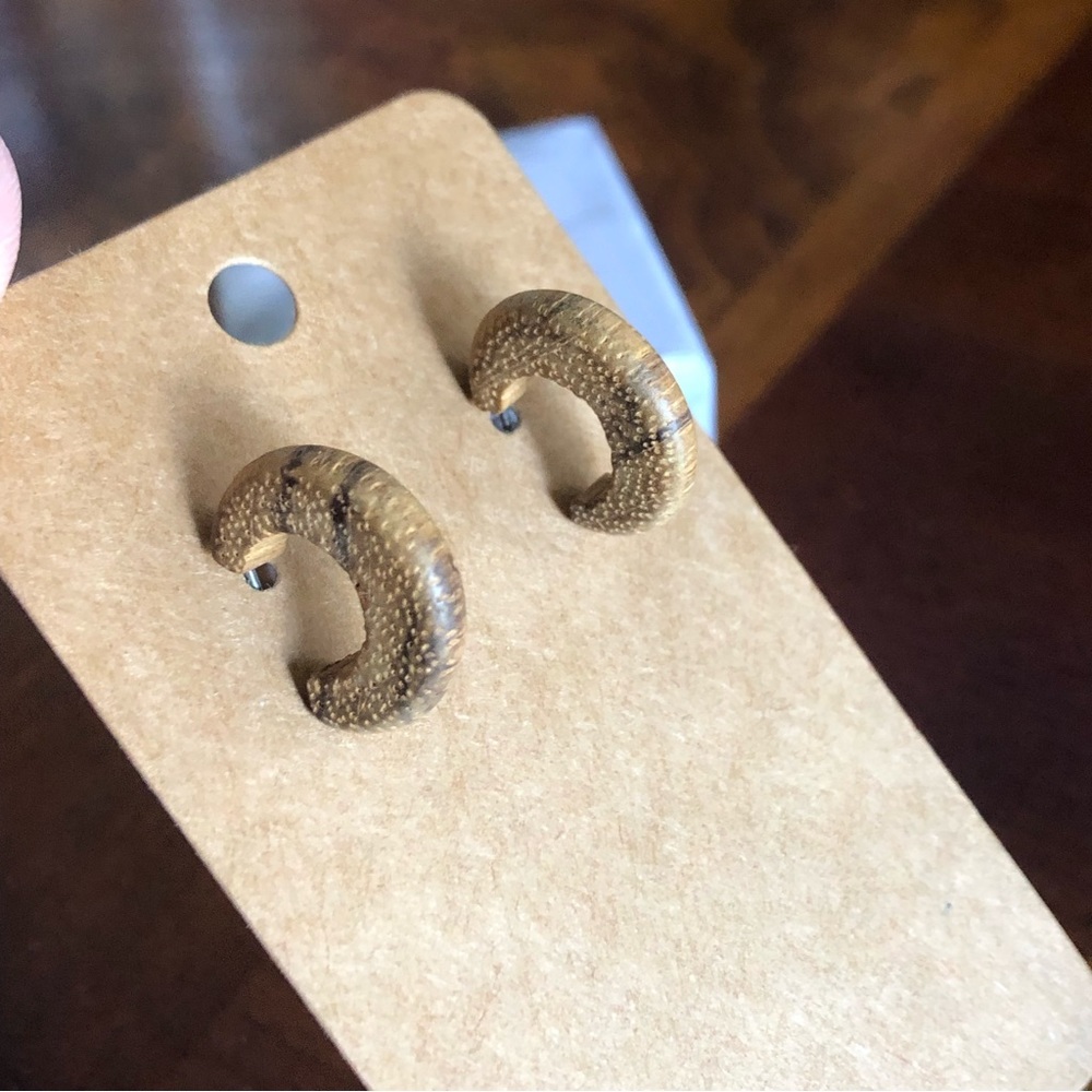 Vintage petrified wood small hoop pierced earrings